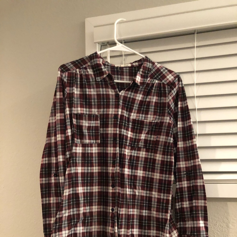 Maroon, black and white plaid button up shirt
